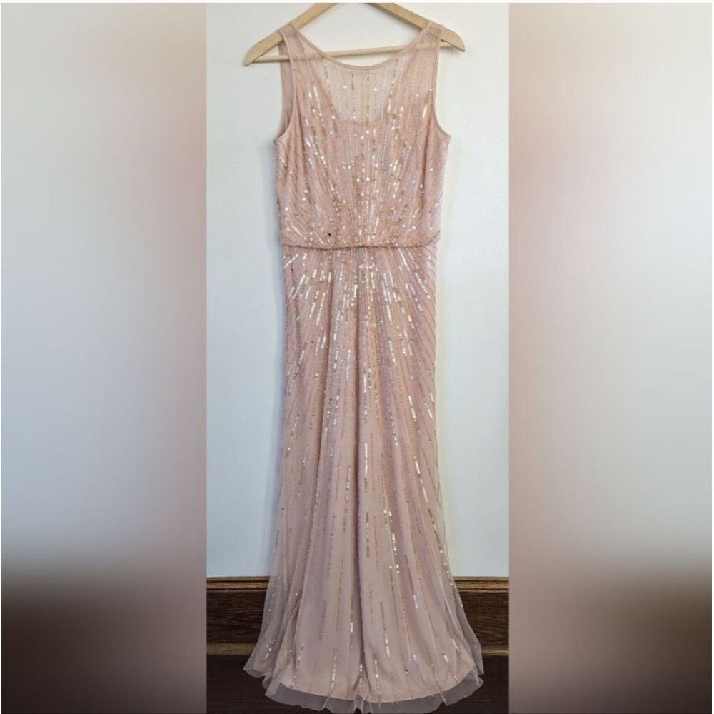Aidan Mattox Illusion Neckline beaded sleeveless blouson maxi dress *6* petal